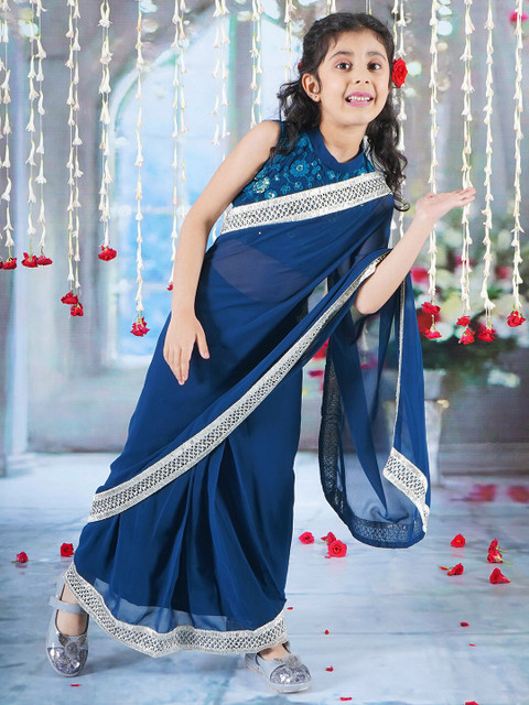 Little Bansi Girls Pure Georgette Ready-to-Wear Saree with Stitched Blouse - Image 5