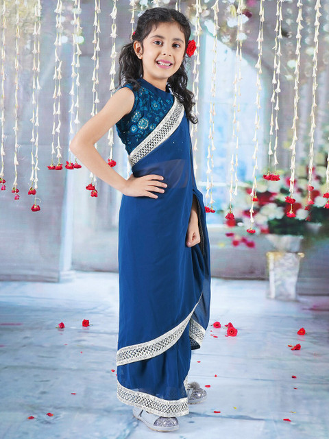 Little Bansi Girls Pure Georgette Ready-to-Wear Saree with Stitched Blouse - Image 2
