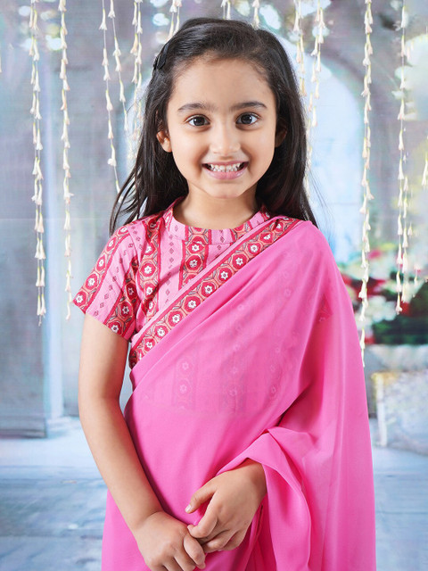 Little Bansi Embroidered Pure Georgette Ready to Wear Block Print Saree - Image 6
