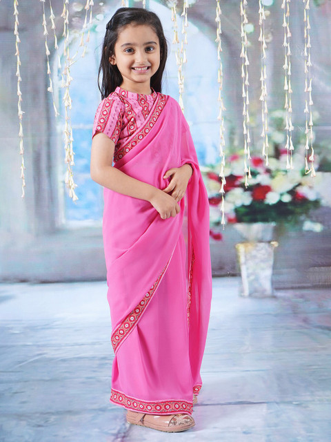 Little Bansi Embroidered Pure Georgette Ready to Wear Block Print Saree - Image 2