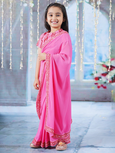Little Bansi Embroidered Pure Georgette Ready to Wear Block Print Saree - Image 3