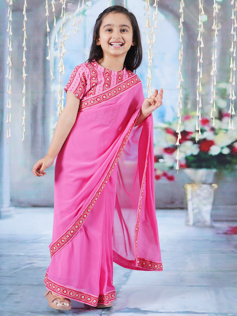 Little Bansi Embroidered Pure Georgette Ready to Wear Block Print Saree - Image 5