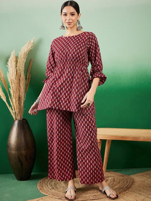 InWeave Ethnic Motifs Printed Round Neck Peplum Pure Cotton Tunic With Trousers