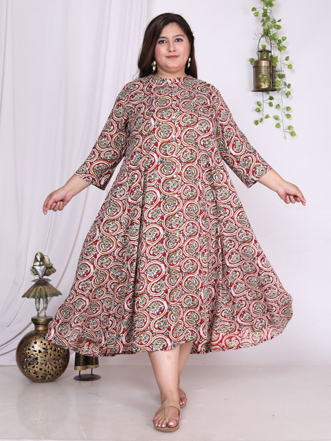 KALINI Plus Size Floral Printed Mandarin Collar A-Line Dress - Image 6
