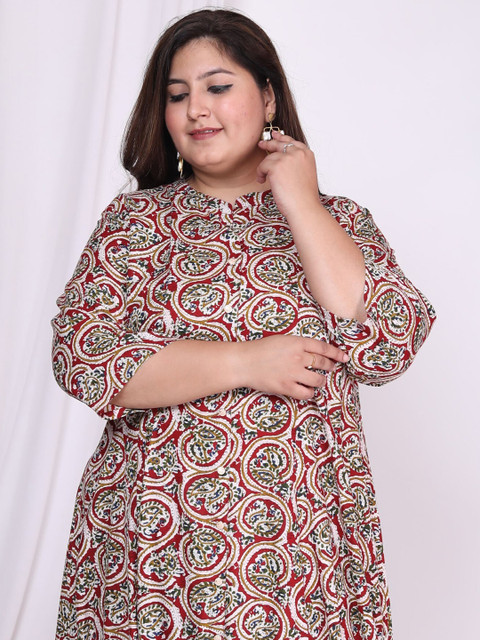 KALINI Plus Size Floral Printed Mandarin Collar A-Line Dress - Image 7