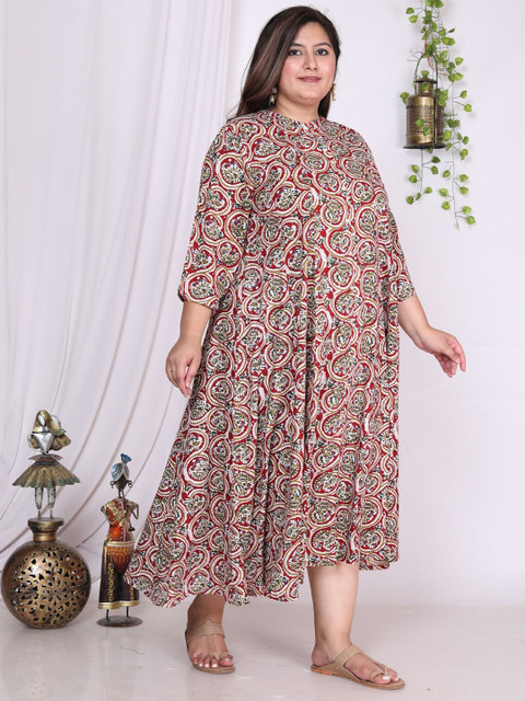 KALINI Plus Size Floral Printed Mandarin Collar A-Line Dress - Image 3