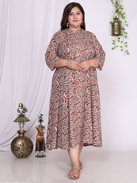 KALINI Plus Size Floral Printed Mandarin Collar A-Line Dress
