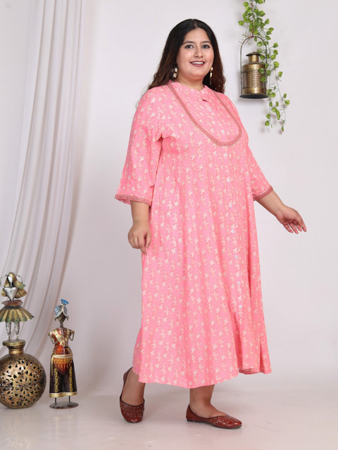 KALINI Plus Size Floral Printed Mandarin Collar A-Line Dress - Image 3