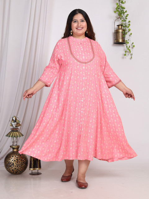 KALINI Plus Size Floral Printed Mandarin Collar A-Line Dress - Image 6