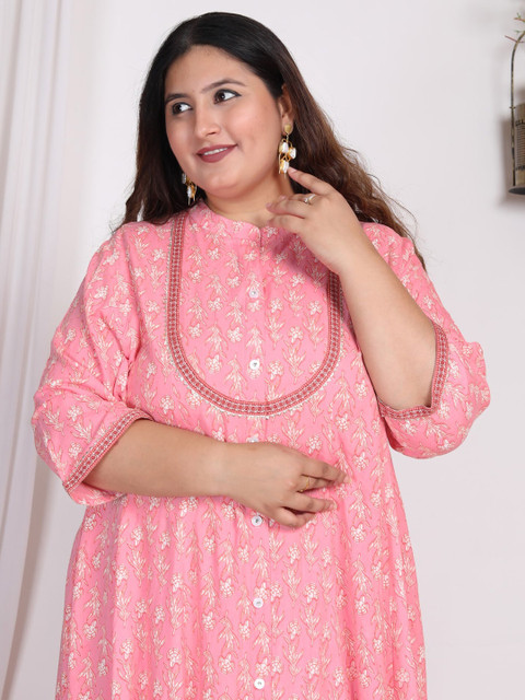 KALINI Plus Size Floral Printed Mandarin Collar A-Line Dress - Image 7