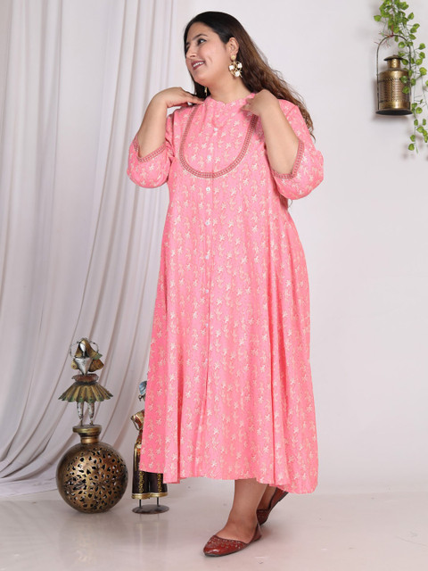 KALINI Plus Size Floral Printed Mandarin Collar A-Line Dress - Image 4