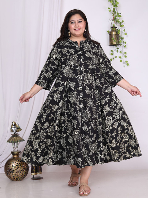 KALINI Plus Size Floral Printed Mandarin Collar A-Line Dress - Image 6