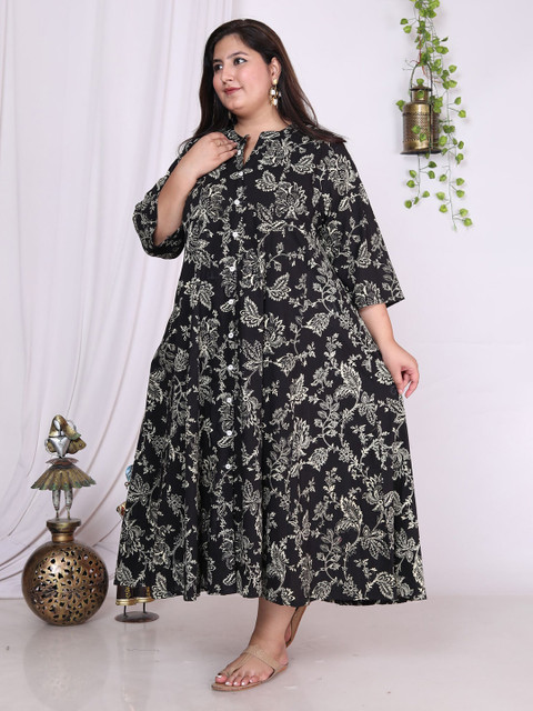 KALINI Plus Size Floral Printed Mandarin Collar A-Line Dress - Image 4