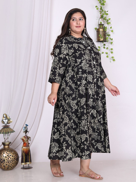 KALINI Plus Size Floral Printed Mandarin Collar A-Line Dress - Image 3