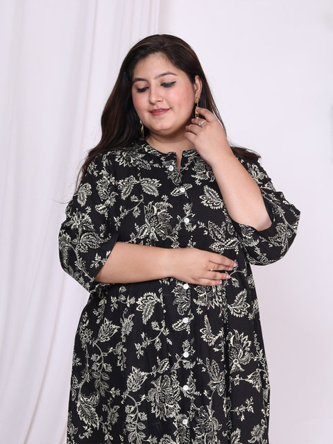 KALINI Plus Size Floral Printed Mandarin Collar A-Line Dress - Image 7