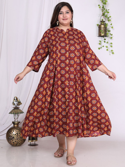 KALINI Plus Size Ethnic Motifs Printed Mandarin Collar A-Line Dress - Image 6