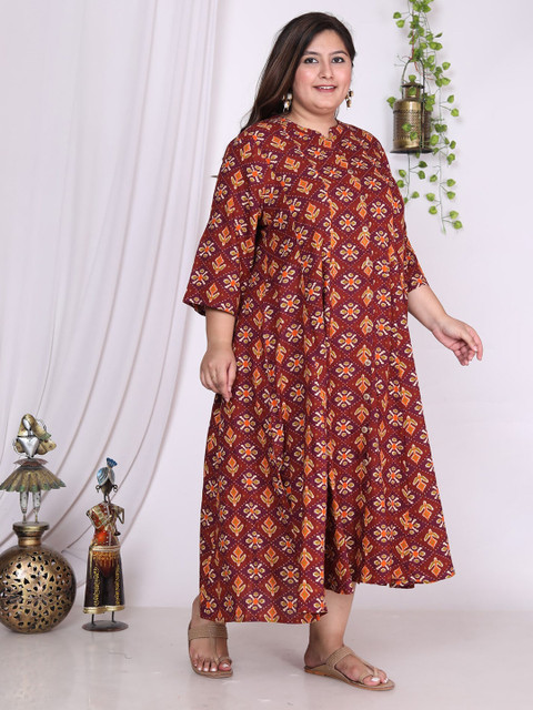 KALINI Plus Size Ethnic Motifs Printed Mandarin Collar A-Line Dress - Image 3