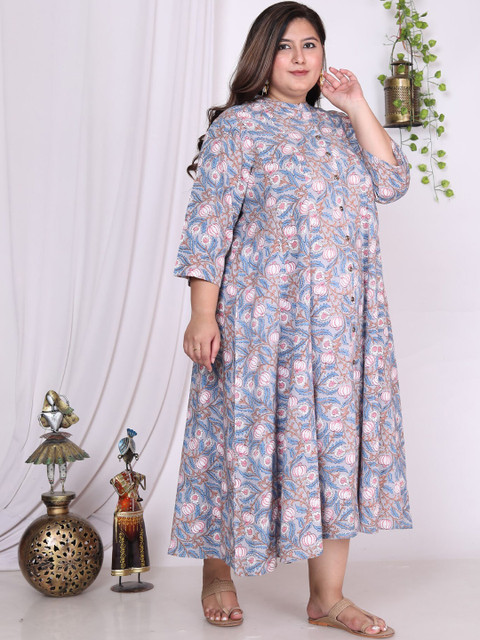 KALINI Plus Size Floral Printed Mandarin Collar A-Line Dress - Image 3