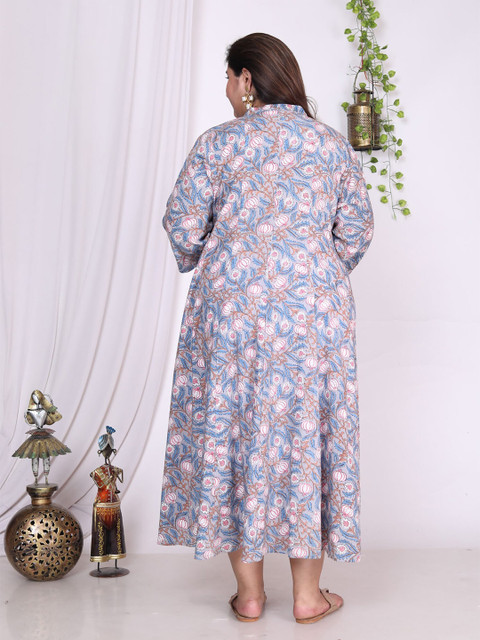 KALINI Plus Size Floral Printed Mandarin Collar A-Line Dress - Image 5
