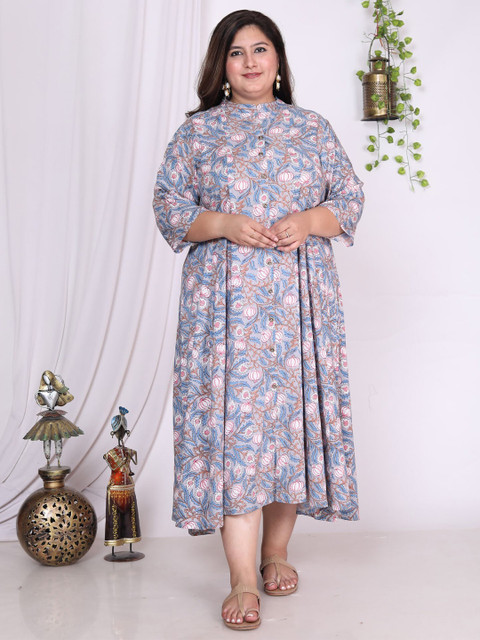 KALINI Plus Size Floral Printed Mandarin Collar A-Line Dress
