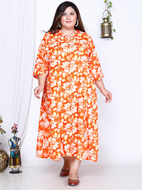 KALINI Plus Size Floral Printed Band Collar A-Line Maxi Dress