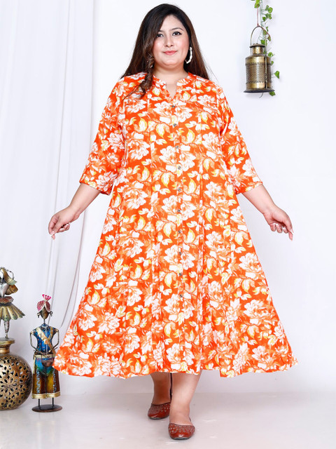 KALINI Plus Size Floral Printed Band Collar A-Line Maxi Dress - Image 6