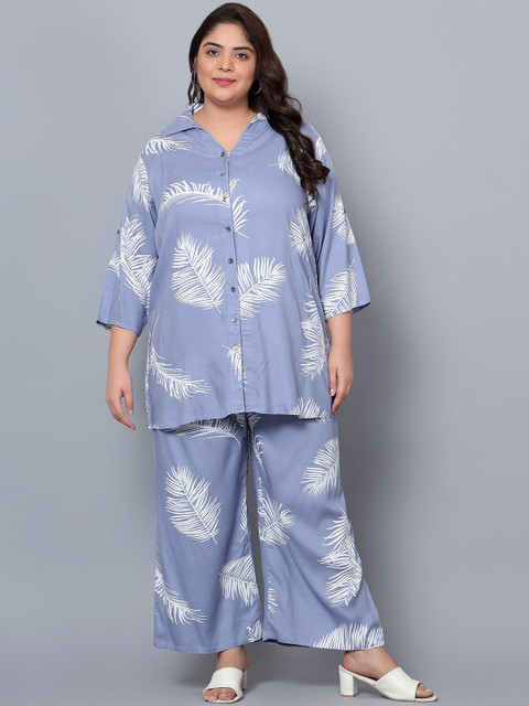 Indietoga Plus Size Tropical Printed Longline Shirt With Palazzos