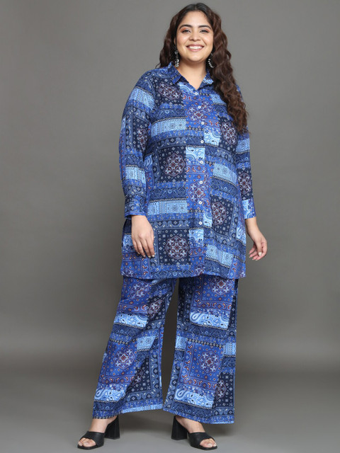 Tissu Plus Size Printed Longline Pure Cotton Shirt with Palazzo