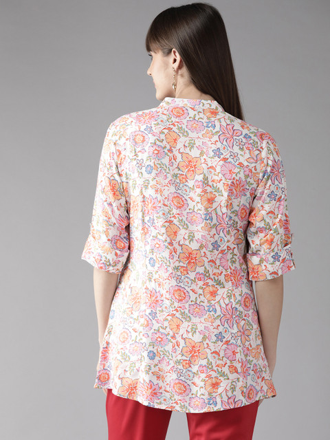 Cayman Floral Print Mandarin Collar Roll-Up Sleeves Longline Top - Image 4
