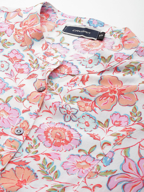 Cayman Floral Print Mandarin Collar Roll-Up Sleeves Longline Top - Image 2