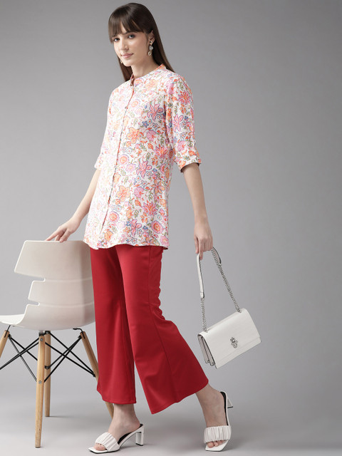 Cayman Floral Print Mandarin Collar Roll-Up Sleeves Longline Top - Image 5