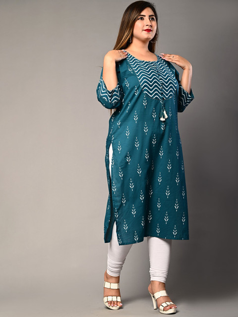 KALINI Plus Size Round Neck Floral Embroidered Straight Kurta - Image 3