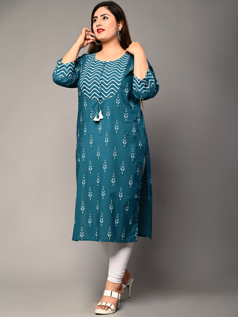 KALINI Plus Size Round Neck Floral Embroidered Straight Kurta - Image 5