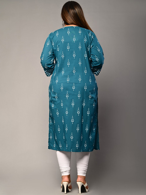 KALINI Plus Size Round Neck Floral Embroidered Straight Kurta - Image 4