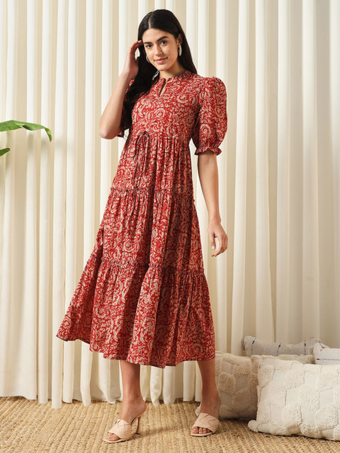 KALINI Floral Printed Mandarin Collar Puff Sleeves Cotton Fit and Flare Dress