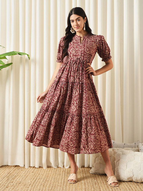 KALINI Floral Printed Mandarin Collar Puff Sleeves Cotton Fit and Flare Dress