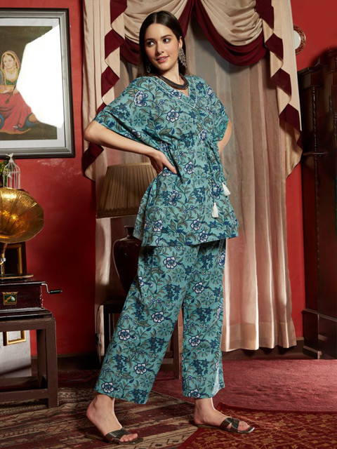 Sangria X fwd Printed Ethnic Pure Cotton Kaftan Top with Trousers - Image 3