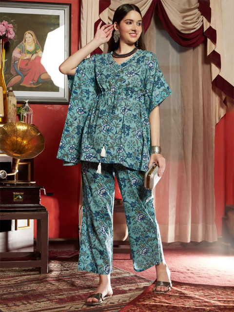 Sangria X fwd Printed Ethnic Pure Cotton Kaftan Top with Trousers