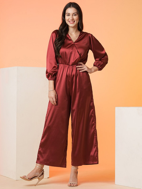 Globus Maroon V-Neck Basic Jumpsuit