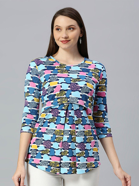 True Shape Abstract Printed Gathered or Pleated Cotton Maternity Top