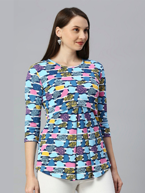 True Shape Abstract Printed Gathered or Pleated Cotton Maternity Top - Image 3