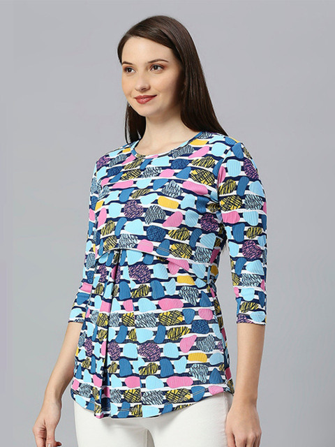 True Shape Abstract Printed Gathered or Pleated Cotton Maternity Top - Image 4