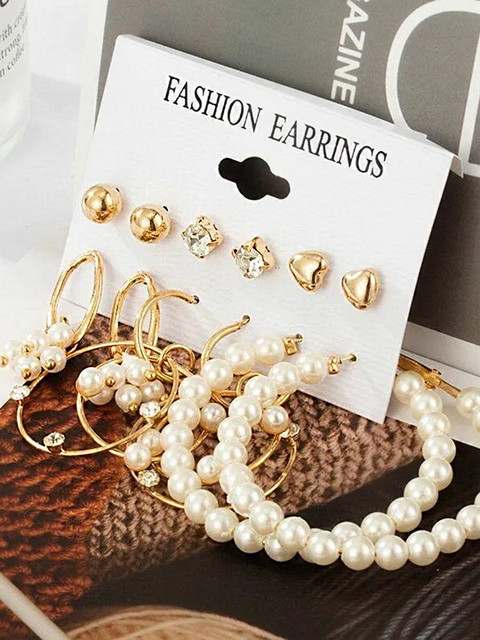 Bohey by KARATCART Set Of 6 Gold-Plated Stone-Studded and Beaded Hoop & Studs Earrings - Image 3