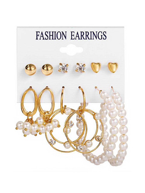Bohey by KARATCART Set Of 6 Gold-Plated Stone-Studded and Beaded Hoop & Studs Earrings - Image 2