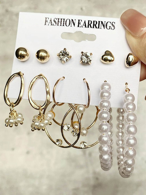 Bohey by KARATCART Set Of 6 Gold-Plated Stone-Studded and Beaded Hoop & Studs Earrings - Image 4