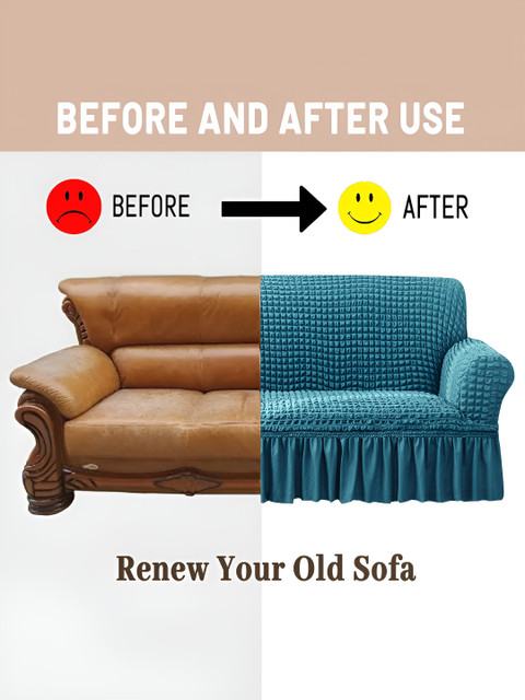 Cortina Teal Elastic Stretchable Sofa Cover With Arms - Image 3