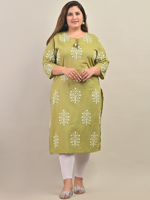 KALINI Plus Size Floral Printed Keyhole Neck Cotton Straight Kurta