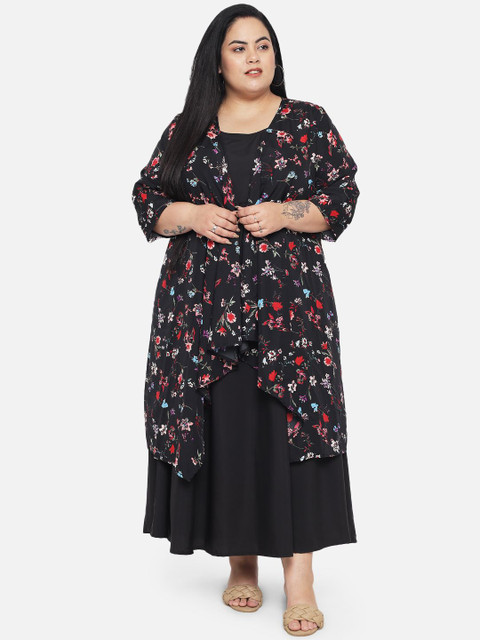 Indietoga Plus Size Round Neck Gathered Crepe Maxi Dress With Floral Print Shrug - Image 7