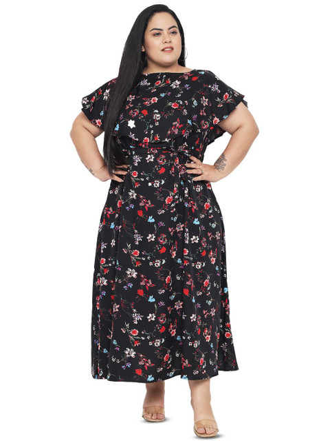 Indietoga Women Plus Size Black Floral Print Pleated Fit and Flare Maxi Dress