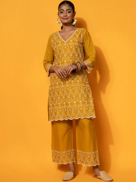 Libas Floral Embroidered V-Neck Pure Cotton Tunic With Palazzos - Image 6